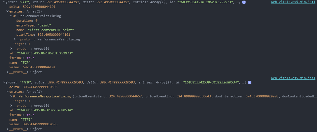 web-vitals-example-output::Displaying web-vitals output in console